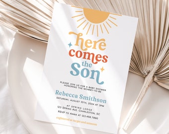 Here Comes the Son Baby Shower Invitation Template, Sunshine Baby Shower Invite, Boho Sun Baby Shower Invitation, Boy Baby Shower | SON