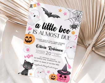 Pink A Little Boo Baby Shower Invitation Template, Girl Halloween Baby Shower Invite, Spooky Halloween Baby Shower Invitation | PINK