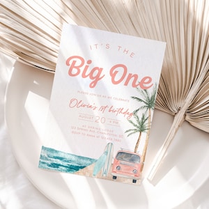 The Big One eerste verjaardagsuitnodiging sjabloon, roze Surf verjaardagsuitnodiging, strand eerste verjaardagsuitnodiging, meisje 1e verjaardagsfeestje | SURF