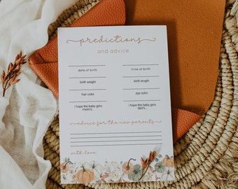 Tarjeta de predicción para baby shower con temática de calabazas y otoño (descarga digital)