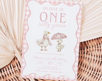 One Silly Goose First Birthday Invitation, Pink Gingham Goose 1st Birthday Invite | NOVA
