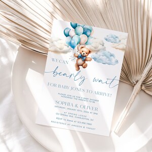 We Can Bearly Wait Baby Shower Invitation Template, Blue Bear Balloon Baby Shower Invite, Boy Baby Shower Invitation, Bear Baby Shower |BEAR