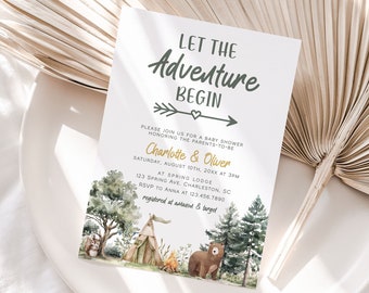 Let the Adventure Begin Baby Shower Invitation Template, Adventure Awaits Baby Shower Invite, Camping Baby Shower Invitation | CAMP