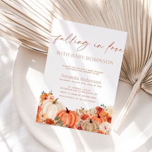 Falling in Love Baby Shower Invitation Template, Fall Flowers Baby Shower Invite, Pumpkin Baby Shower Invitation, Girl Baby Shower | DORA