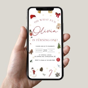 Christmas First Birthday Evite Template, Oh What Fun Christmas Birthday Electronic Invite, Holiday First Birthday Invite | SANTA