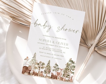 Woodland Baby Shower Invitation Template, Woodland Animals Baby Shower Invite, Forest Animals Baby Shower Invitation, Rustic Shower | WOOD