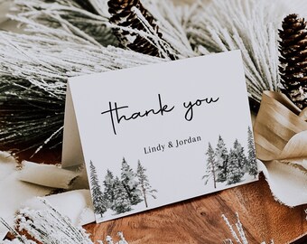 Pine Tree Thank You Cards Template, Woodland Wedding Thank You Card Editable, Winter Printable Card, Rustic Shower Card | LINA