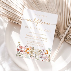 Wildflower First Birthday Invitation Template, Girl 1st Birthday Invite, Spring Floral Birthday Invitation, Garden Party Birthday | JULIA