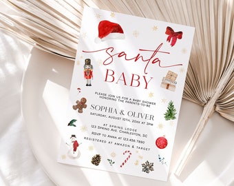 May include: A festive baby shower invitation with the words "Santa Baby" in red script. The invitation includes Christmas-themed illustrations like a Santa hat, ornaments, and a gingerbread man. The names Sophia & Oliver are featured.