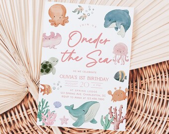 Oneder the Sea 誕生日招待状、ピンクの海の動物の招待状 | SEA