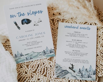 Könnte beinhalten: Eine blau-weiße Einladung zu einem Junggesellinnenabschied in Aspen, Colorado. Die Einladung zeigt eine Aquarell-Illustration einer verschneiten Berglandschaft mit Skifahrern und Snowboardern. Der Text lautet "Bitte schließen Sie sich uns zu einem Junggesellinnenabschied auf den Pisten zu Ehren von Caroline Jones, vom 10. bis 12. Januar, Aspen, CO, an".