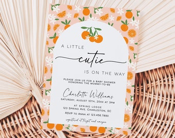 A Little Cutie is on the Way Baby Shower Invitation Template, Citrus Orange Baby Shower Invite, Gender Neutral Baby Shower Invitation |CUTIE