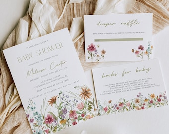 May include: A baby shower invitation with a floral design. The invitation is for Melissa Carter and is set for August 10th, 2023 at 3pm at Spring Lodge. The invitation also includes information about the registry and a diaper raffle.