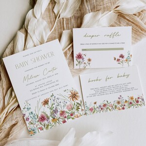 May include: A baby shower invitation with a floral design. The invitation is for Melissa Carter and is set for August 10th, 2023 at 3pm at Spring Lodge. The invitation also includes information about the registry and a diaper raffle.
