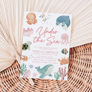 Modello di invito per baby shower sotto il mare, invito per baby shower sull&#39;oceano, invito per baby shower con animali marini rosa, invito per baby shower per ragazze/MARE