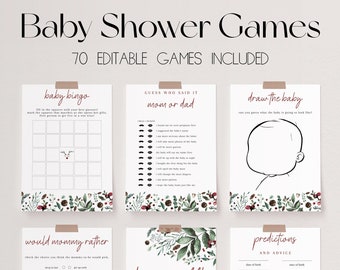 Peut inclure: Un ensemble de cartes de jeu de baby shower imprimables avec un motif floral vert et rouge. Les cartes comprennent des jeux comme "Baby Bingo", "Devinez qui a dit ça : Maman ou Papa", "Dessinez le bébé", "Que préférerait Maman", "Tombola de couches", et "Prédictions et conseils".