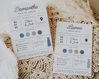 May include: Two cards with a light blue, gray, and beige color scheme. The cards are for bridesmaids and a maid of honor. The cards list the date, the wedding of Olivia & Jack, the place, the colors, the party, and the dress. The text on the cards reads: "Samantha, Maid of Honor", "Lauren, Bridesmaid", "The Wedding of Olivia & Jack", "The Spring Mall Charleston, SC", "The Date 04 21 25", "The Colors", "The Party", "Samantha, Maid of Honor", "Lauren, Bridesmaid", "Sophie, Bridesmaid", "Anna, Bridesmaid", "The Dress", "Brand: Revolve", "Color: Lavender", "Any Style You Love!" and "Samantha, I couldn't say 'I do' without you! This special day wouldn't be the same without you!"