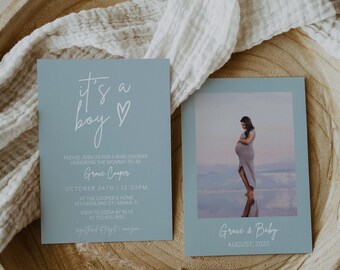Dusty Blue Baby Shower Invitation Template, Modern Minimalist (Digital Download)