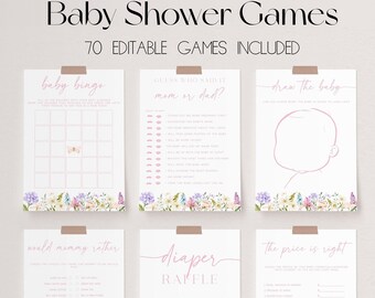 May include: A set of six baby shower games with floral accents and the text "Baby Shower Games" and "70 Editable Games Included." Games include "Baby Bingo," "Guess Who Said It," and "Draw the Baby."