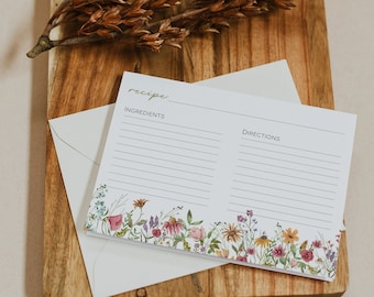 Wildflower Recipe Card Template, Bridal Shower Recipe Cards, Editable Recipe Card, Floral Recipe Card, Custom Recipe Card, DIY Card | FLORA