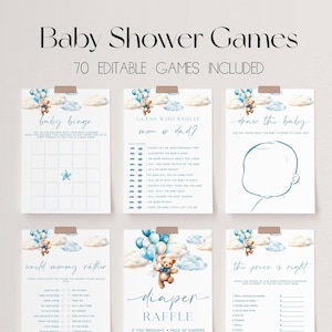 70 Baby Shower Games, We Can Bearly Wait Baby Shower Game Bundle, Blue Bear Balloon Baby Shower Bundle, Baby Party Games, Boy Shower | BEAR