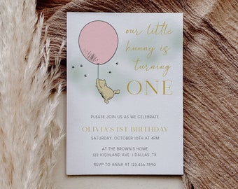 Winnie the Pooh 1st Birthday Invitation Template, Pink Balloon (Digital Download)
