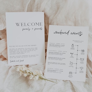 Plantilla de carta de bienvenida y cronograma, nota de bolsa de bienvenida de boda, cronograma de fin de semana de boda, itinerario de boda, orden de eventos / CLAIRE
