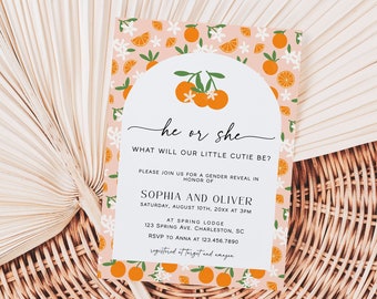 May include: A gender reveal party invitation with an orange and white floral pattern. The invitation reads "he or she" and "What will our little cutie be?"  Please join us for a gender reveal in honor of Sophia and Oliver. Saturday, August 10th, 20XX at 3PM at Spring Lodge, 123 Spring Ave, Charleston, SC. RSVP to Anna at 123.456.7890.