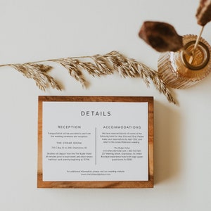 Modelo de cartão de detalhes de casamento minimalista, cartão de acomodações de casamento moderno, cartão de inserção de casamento simples, download instantâneo | CHARLI