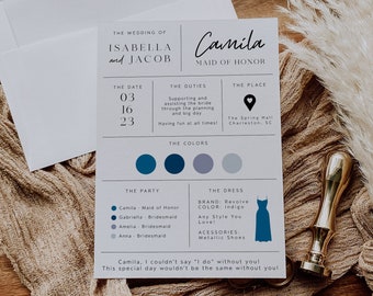May include: A Maid of Honor card with a blue, gray, and white color scheme. The card features the text "Camila Maid of Honor" and includes details about the wedding date, duties, location, and dress code.