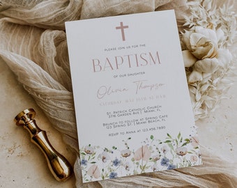 Wildflower Baptism Invitation Template, Spring Floral Baptism Invite, Pink Girl Baptism Invitation, Christening Invitation Printable | BLAIR