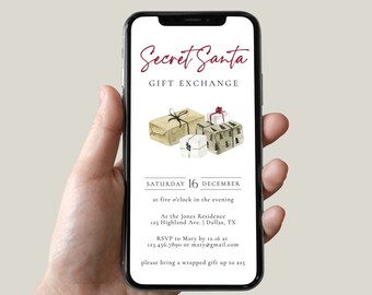 Peut inclure: L'écran d'un téléphone portable affichant une invitation à un échange de cadeaux Secret Santa. L'invitation est décorée d'illustrations à l'aquarelle de cadeaux emballés. Le texte indique "Secret Santa Gift Exchange", "Samedi 16 décembre à cinq heures du soir", "Au domicile des Jones 123 Highland Ave. | Dallas, TX", "RSVP à Mary avant le 12.16 à 123.456.7890 ou mary@gmail.com", et "veuillez apporter un cadeau emballé d'une valeur maximale de 25 €".