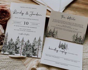 Pine Wedding Invitation Set Template, Woodland Wedding Invite, Winter Wedding Invitation, RSVP, Rustic Wedding, Mountain Invitation | LINA