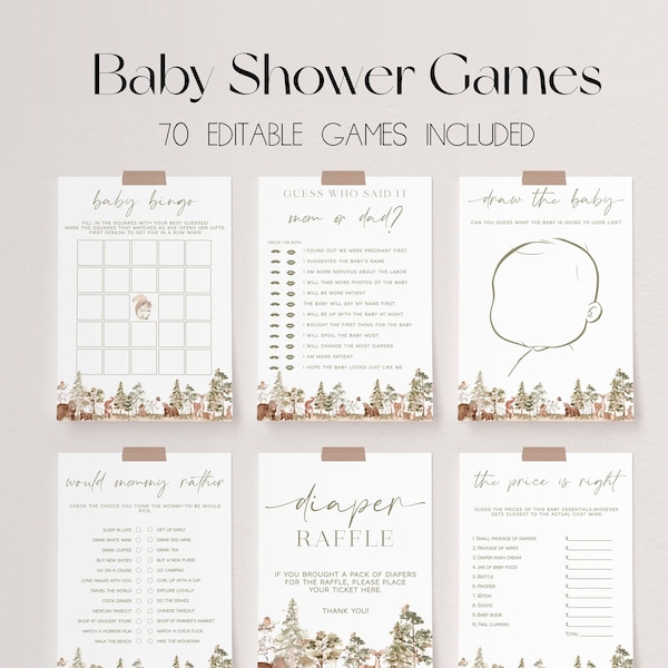 70 Baby Shower Games, Woodland Baby Shower Game Bundle, Woodland Animals Baby Shower Bundle, Baby Party Games, Forest Baby Games | WOOD