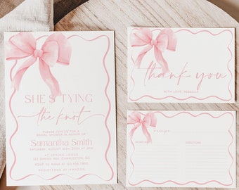 May include: Three pink and white cards with a watercolor bow design. The top card says "She's tying the knot" and includes the text "Please join us for a bridal shower in honor of Samantha Smith". The middle card says "Thank you with love, Melissa". The bottom card is a blank card with a pink watercolor bow and the text "Thank you".
