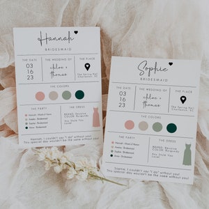 May include: Two bridesmaid cards with the names Hannah and Sophie. The cards are white with black text and feature a pink, beige, green, and dark green color palette. The cards list the date, wedding of Chloe and Thomas, the place, the party, and the dress.