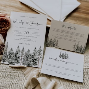 Pine Wedding Invitation Set Template, Woodland Wedding Invite, Winter Wedding Invitation, RSVP, Rustic Wedding, Mountain Invitation | LINA