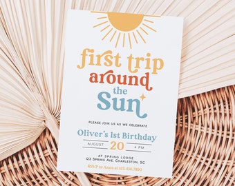 First Trip Around the Sun Birthday Invitation Template, Sun 1st Birthday Invite, Sunshine Birthday Invitation, Boho Sun Birthday | SON