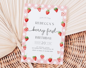 Berry First Birthday Invitation Template, Strawberry Birthday Invitation, Strawberry First Birthday Invite, Girl 1st Birthday Party | BERRY