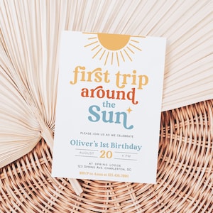 First Trip Around the Sun Birthday Invitation Template, Sun 1st Birthday Invite, Sunshine Birthday Invitation, Boho Sun Birthday SON image 1