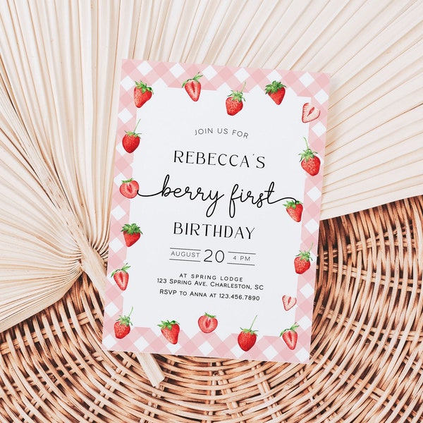 Berry First Birthday Invitation Template, Strawberry Birthday Invitation, Strawberry First Birthday Invite, Girl 1st Birthday Party | BERRY