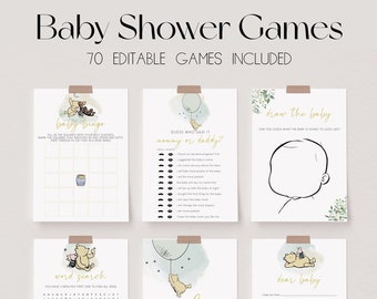 May include: A set of printable baby shower games featuring Winnie the Pooh characters. The games include baby bingo, guess who said it, draw the baby, word search, pacifier hunt, and dear baby.