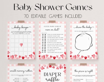 May include: A set of printable baby shower game cards with a pink and white gingham background and red hearts. The games include "Baby Bingo", "Guess Who Said It Mom or Dad?", "Draw the Baby", "Would Mommy Rather", "Diaper Raffle", and "The Price is Right".