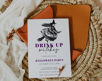 May include: A white invitation card with purple text that reads "Drink Up Witches" and "Halloween Party" with a black and white illustration of a witch flying on a broomstick. The text also includes the date, time, location, and RSVP information.