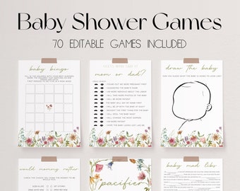 May include: A set of printable baby shower game cards with floral borders. The games include "Baby Bingo", "Guess Who Said It: Mom or Dad?", "Draw the Baby", "Would Mommy Rather", "Pacifier Hunt", and "Baby Mad Libs".