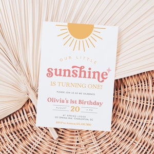 Modelo de convite de aniversário com pouca luz do sol, convite de primeiro aniversário de Sun, convite de primeiro aniversário com luz do sol, festa de primeiro aniversário de menina | BRILHAR