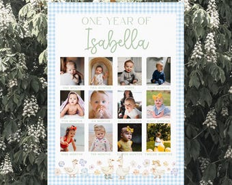 Modello di cartello fotografico per il primo compleanno di One Silly Goose, pietra miliare per la foto del primo compleanno di Little Duck, cartello fotografico per il primo compleanno di Girl Gingham / GOOSE