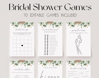 70 Bridal Shower Games, Greenery Bridal Shower Game Bundle, Wedding Shower Games, Editable Bridal Shower Bundle, Bridal Party Games | RAE