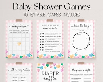 Puede incluir: Un conjunto de tarjetas de juego de baby shower imprimibles con corazones de caramelo rosa y verde. Los juegos incluyen "Baby Bingo", "Adivina quién lo dijo Mamá o Papá?", "Dibuja al bebé", "¿Qué preferiría Mamá?", "Rifa de pañales", y "El precio es correcto".
