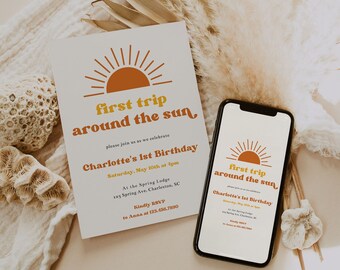 First Trip Around the Sun Birthday Invitation Template, Sun First Birthday, Sunshine 1st Birthday Invite, Our Little Sunshine | SUNNY